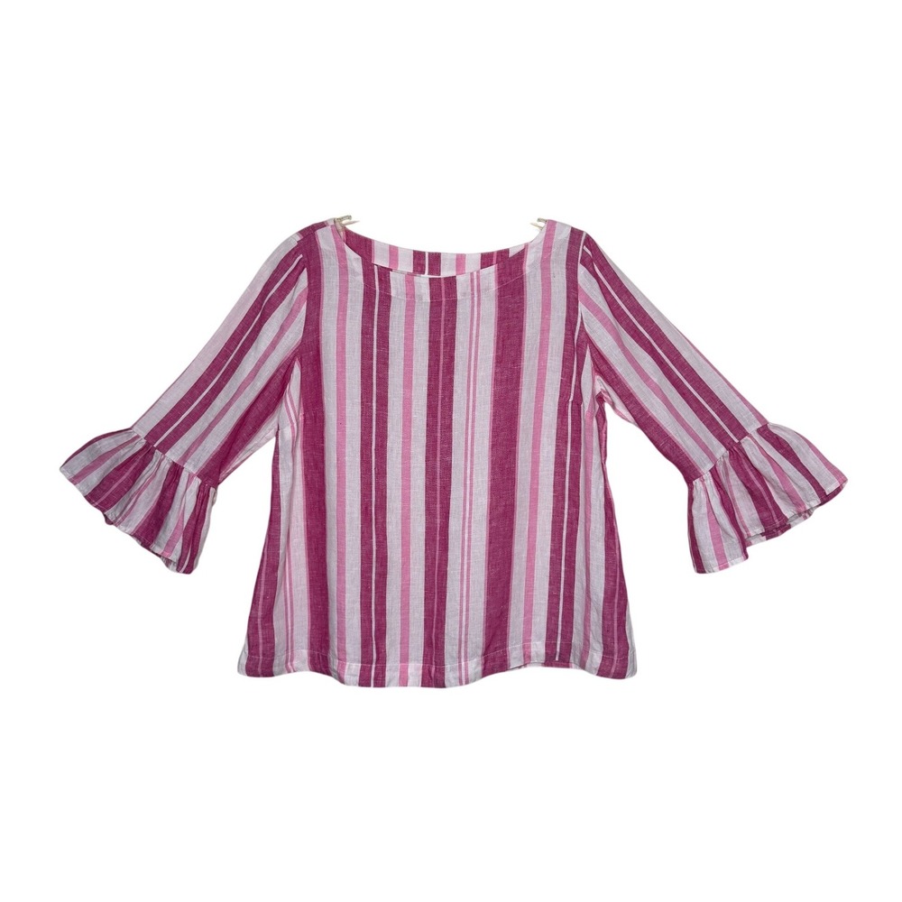 Charter Club 100% Linen Blouse Sz Medium Pink White Striped Bell Sleeve Boxy Top